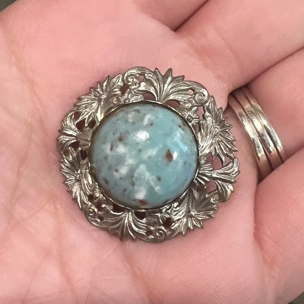 Vtg‎ Victorian Style Silver Turquoise Blue Cabochon Floral Filigree Brooch Pin
